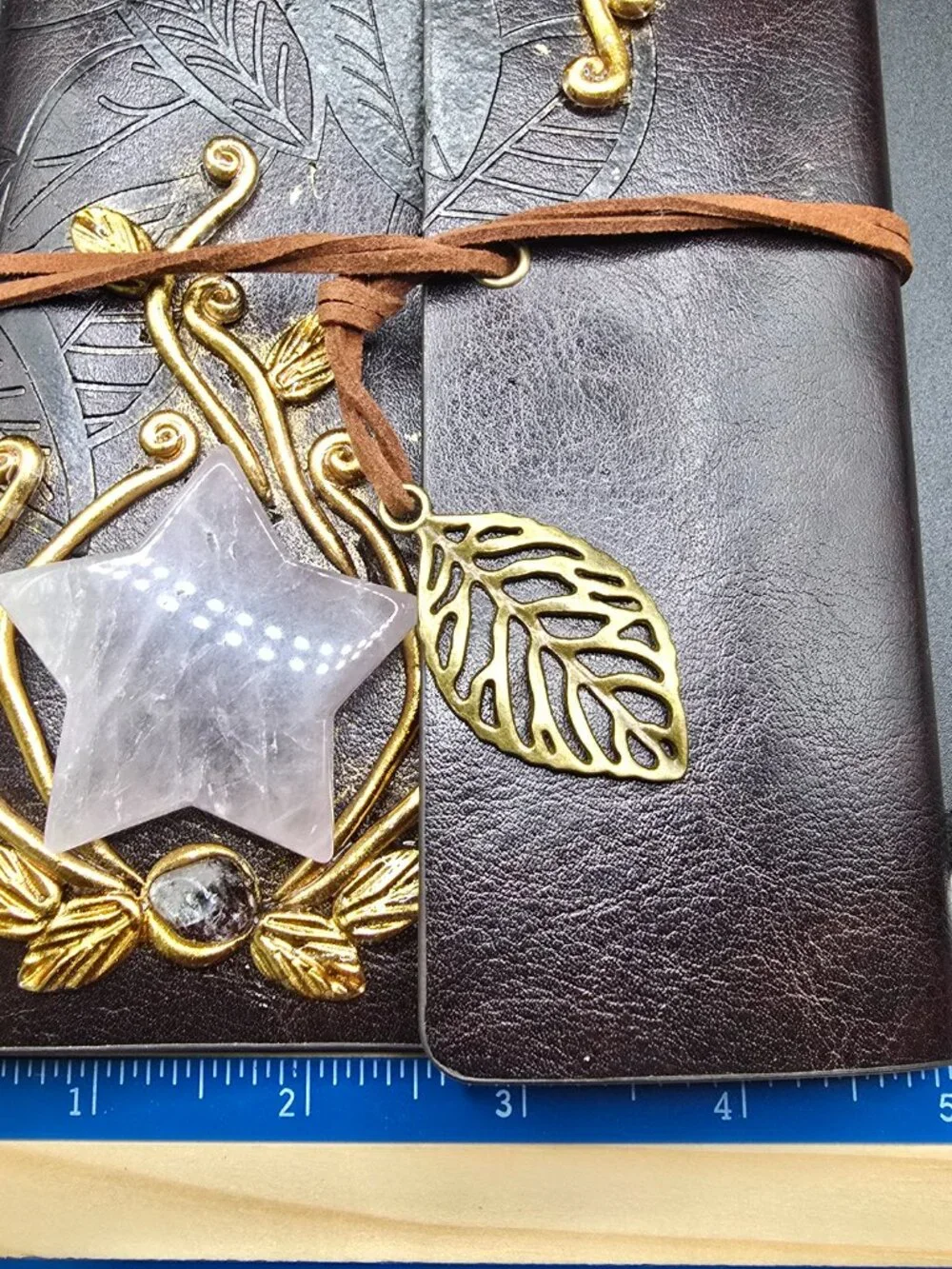 Dark Brown Faux Leather Journal | Rose Quartz Star, Clear Quartz & Amethyst